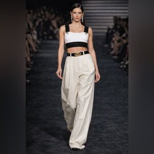 BALMAIN White and Black Knit Mesh Detail Crop Top with Silver-Tone Buttons